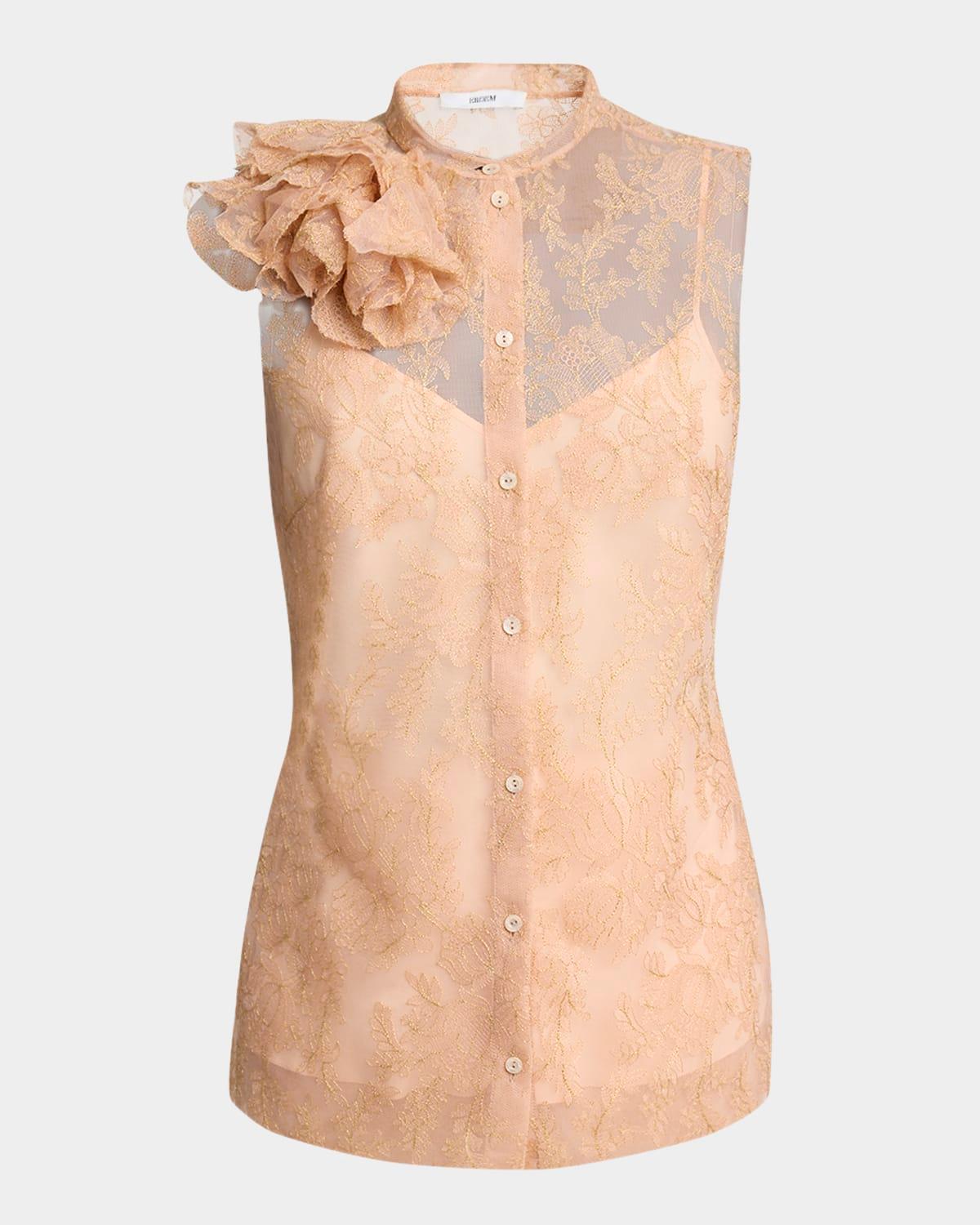 carnation-applique embroidered tulle top