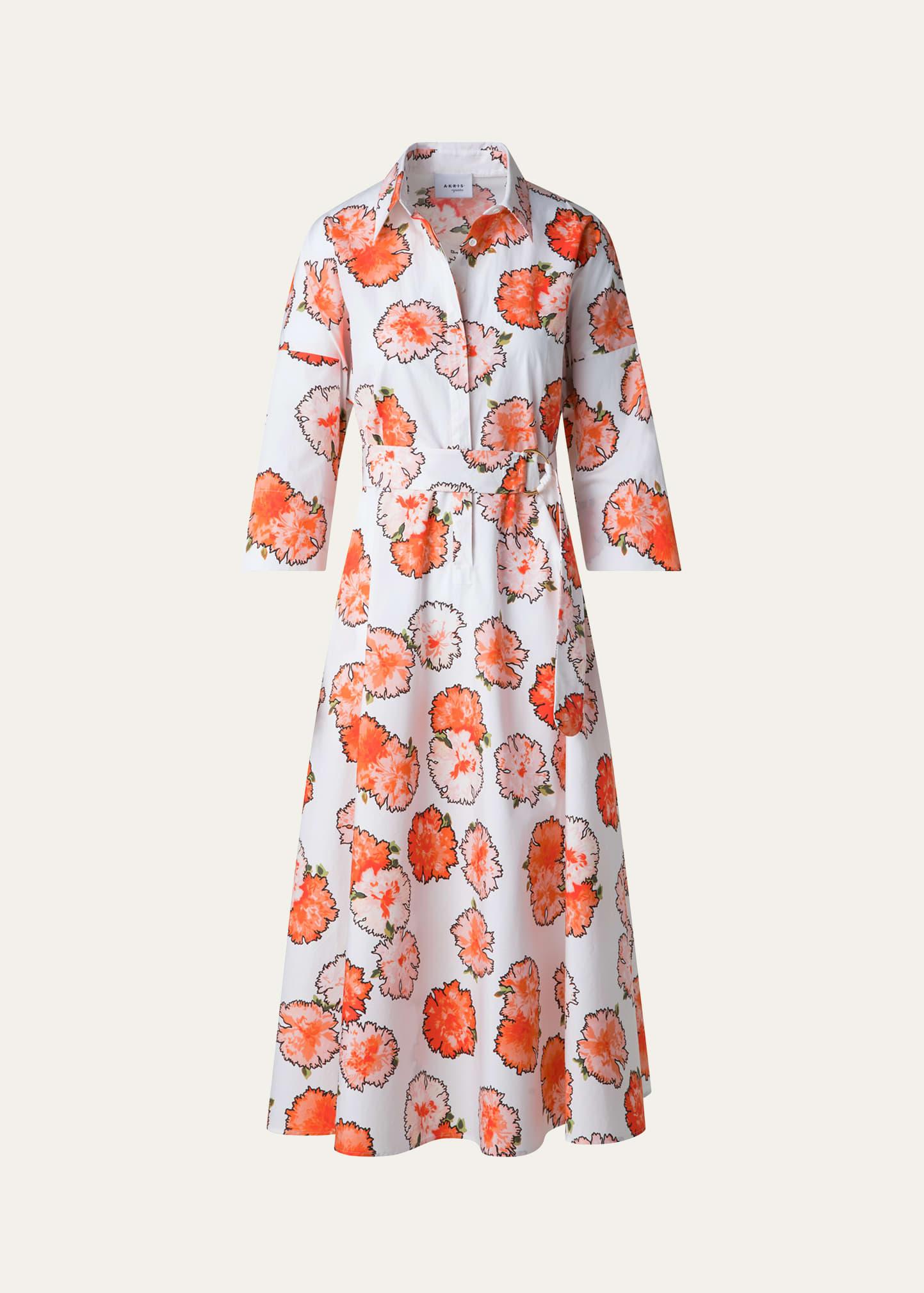 carnation print belted midi dress