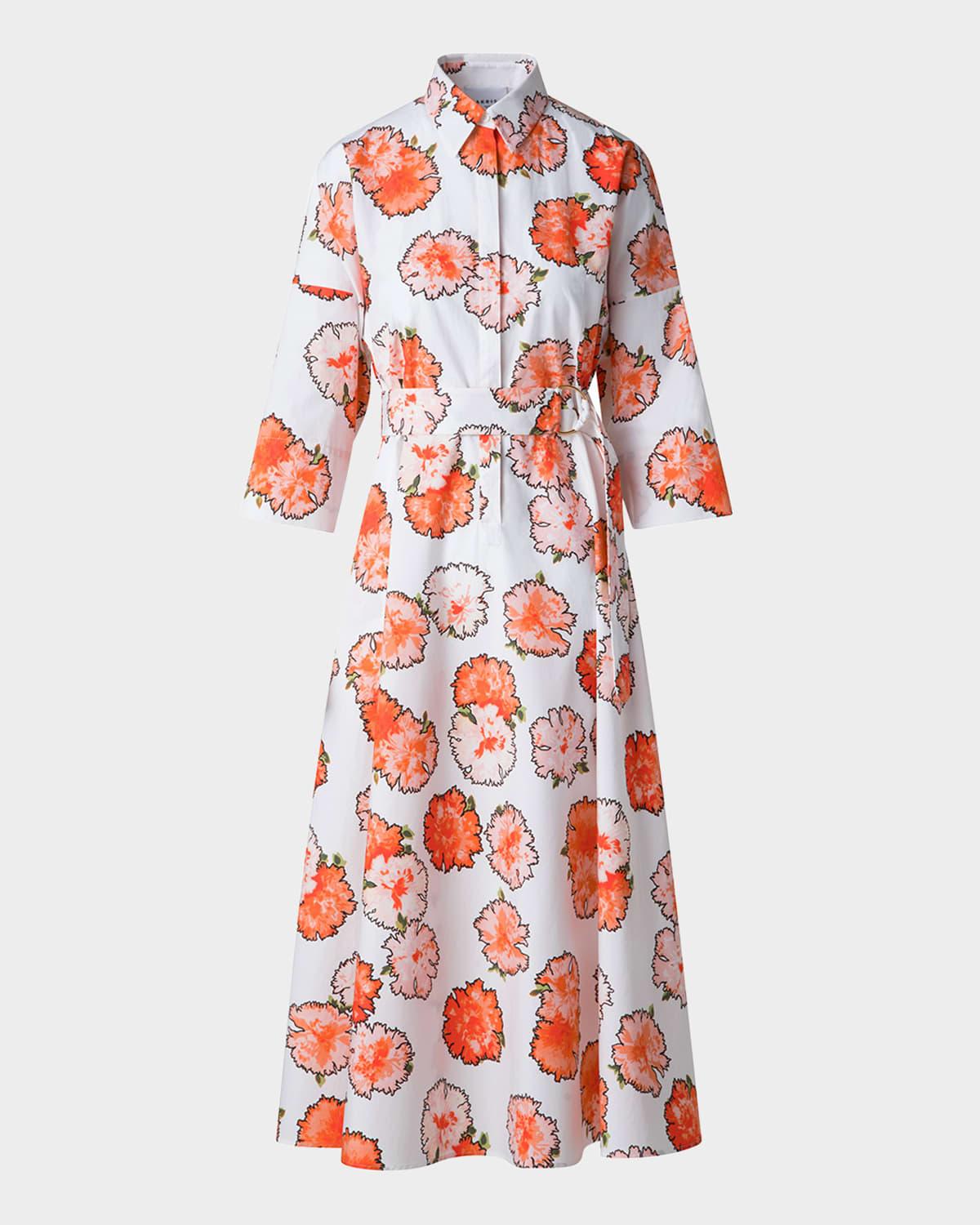 carnation print belted midi dress