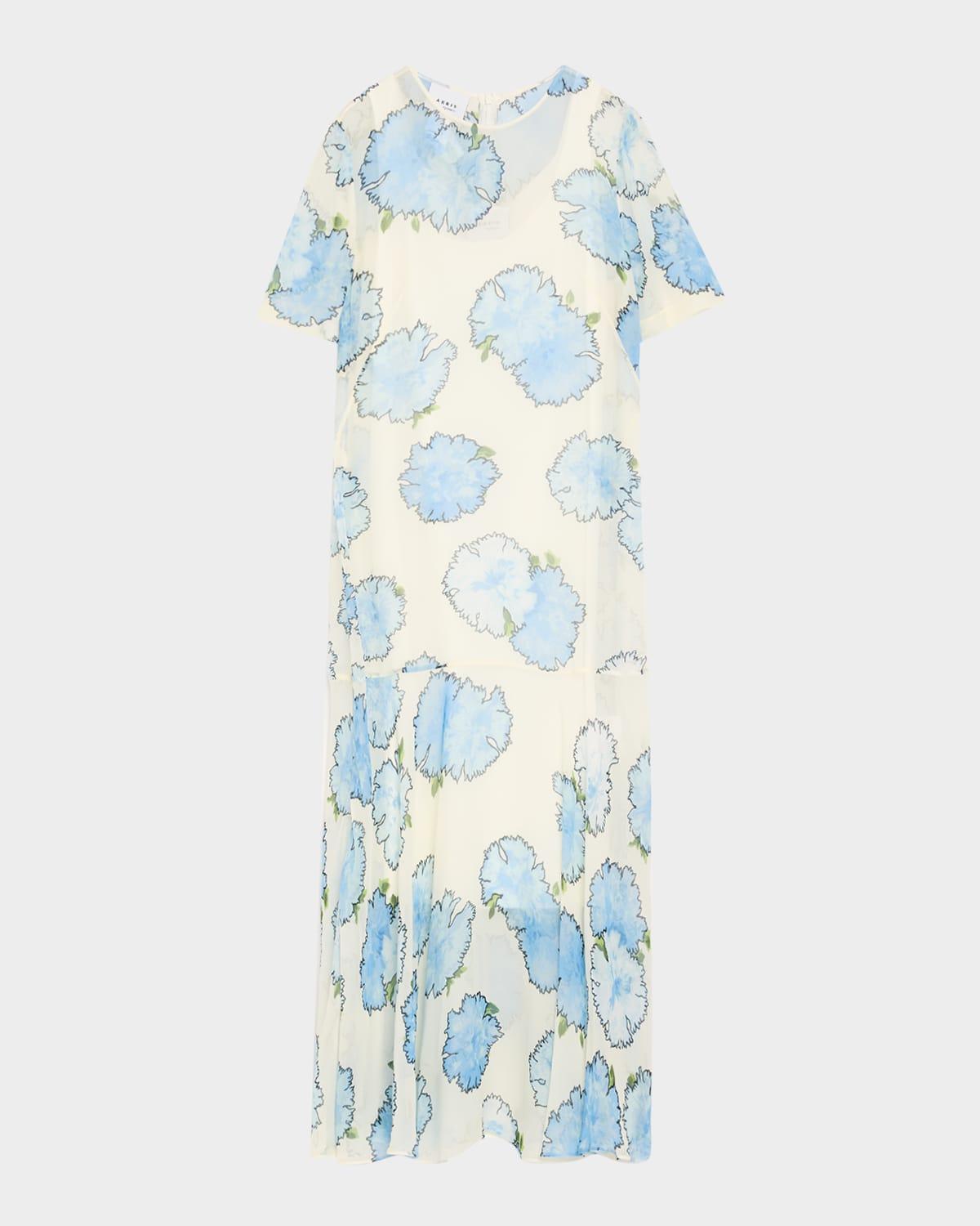 carnation-print viscose georgette short-sleeve midi dress