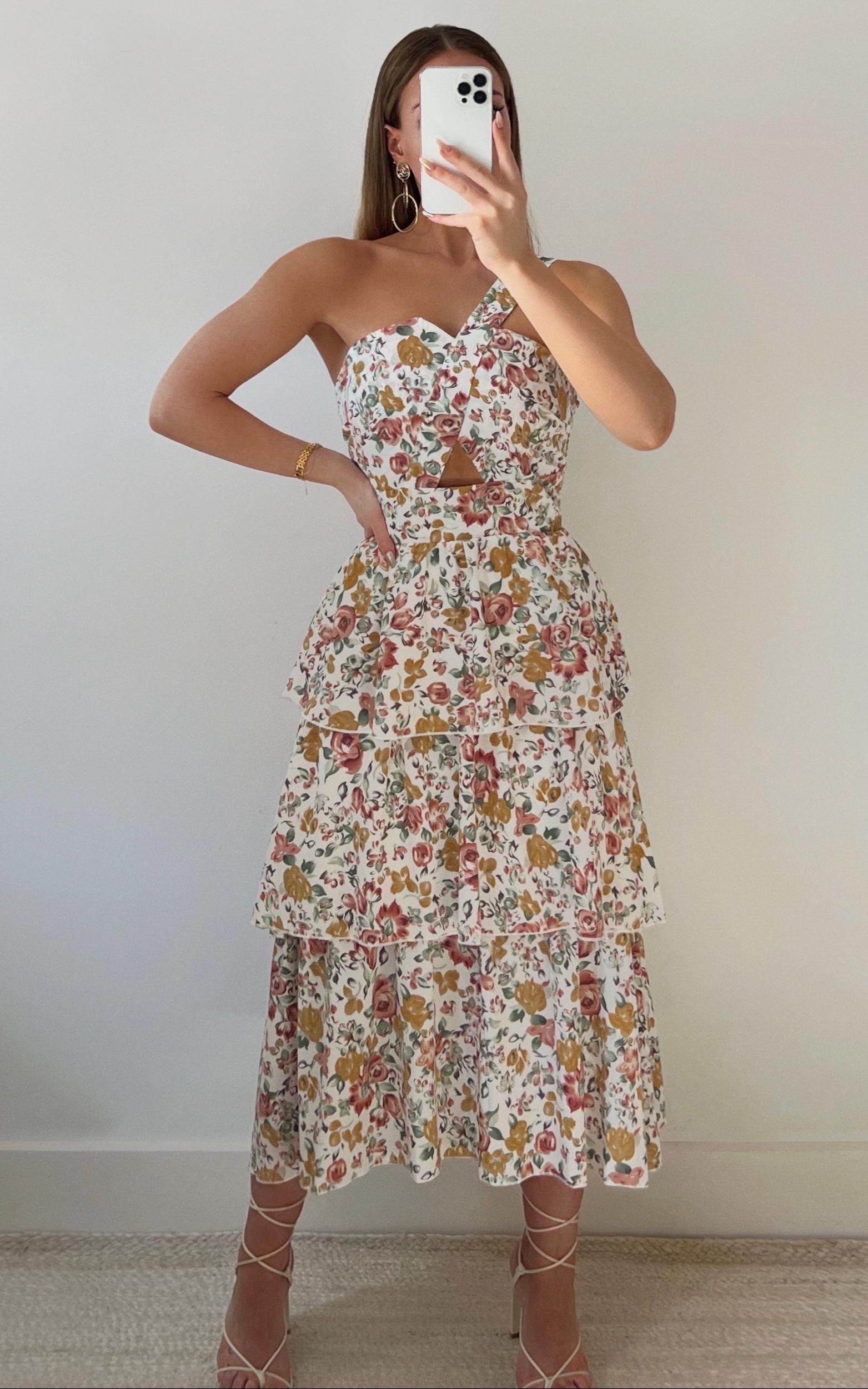 caro midi dress - one shoulder tiered dress in multi floral