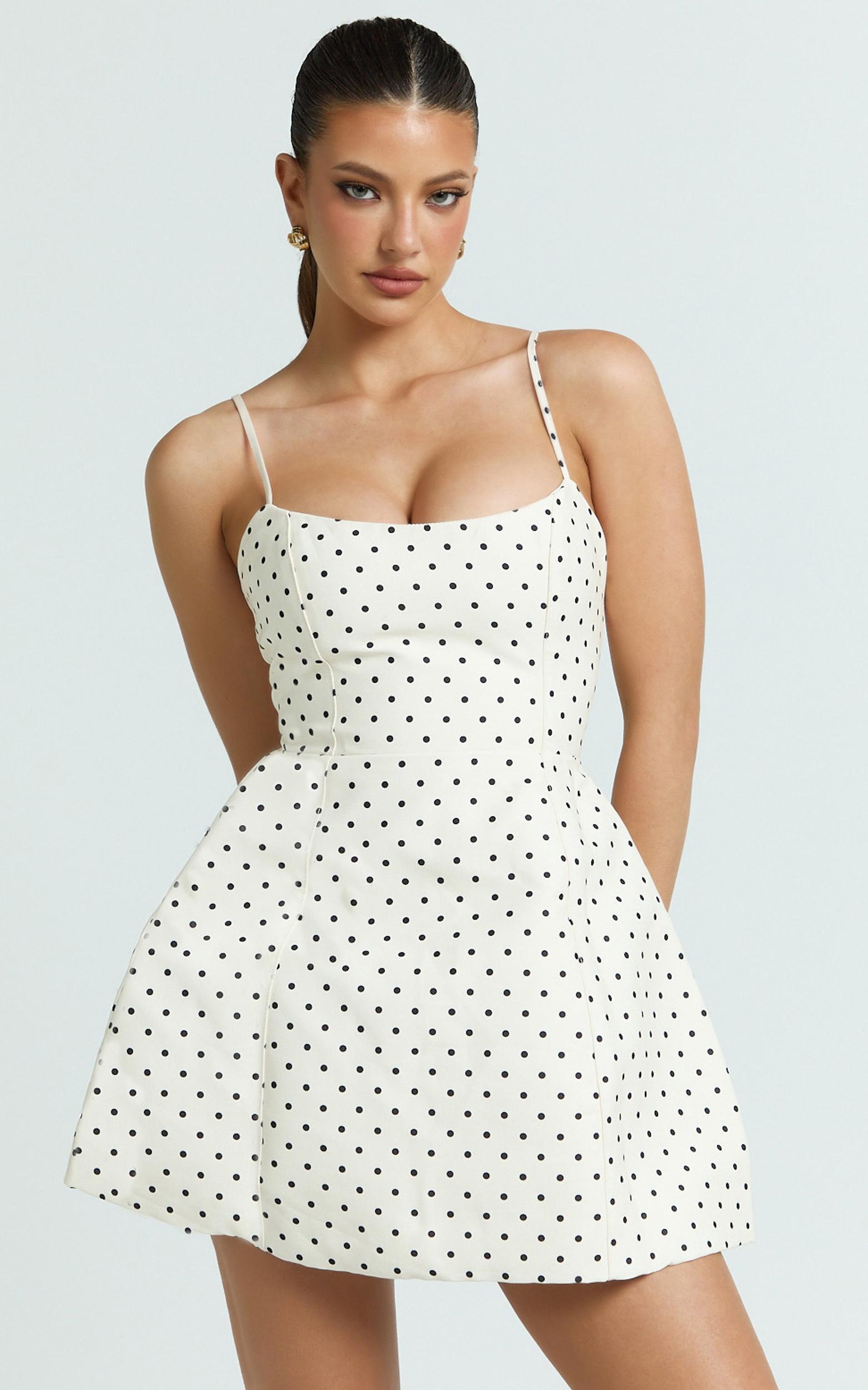 carolina mini dress - scoop neck panel bodice dress in white polka dot
