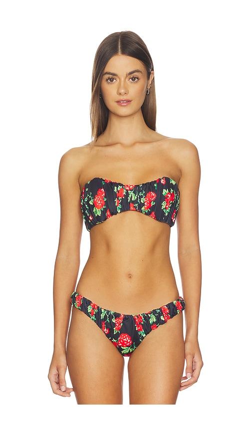 caroline constas leila ruched bandeau bikini top in black.
