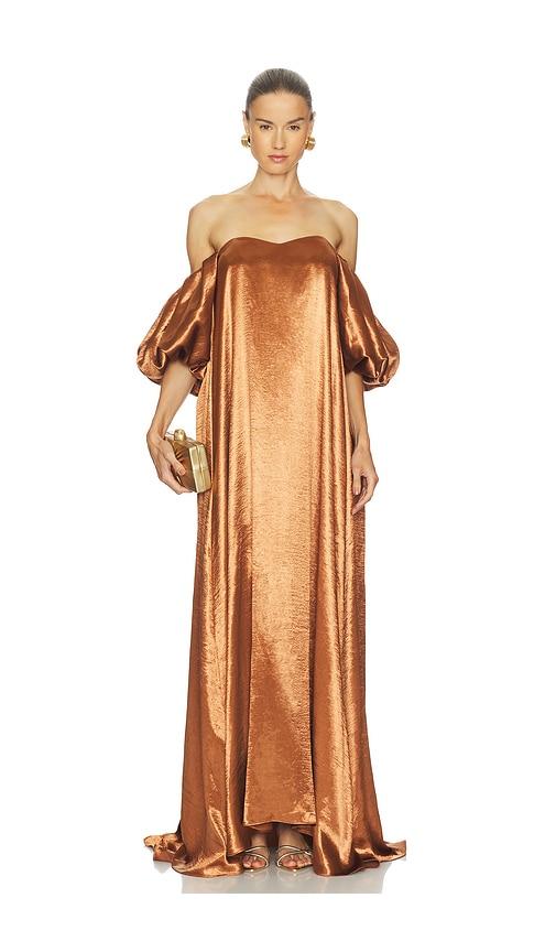 caroline constas palmer gown in metallic copper.