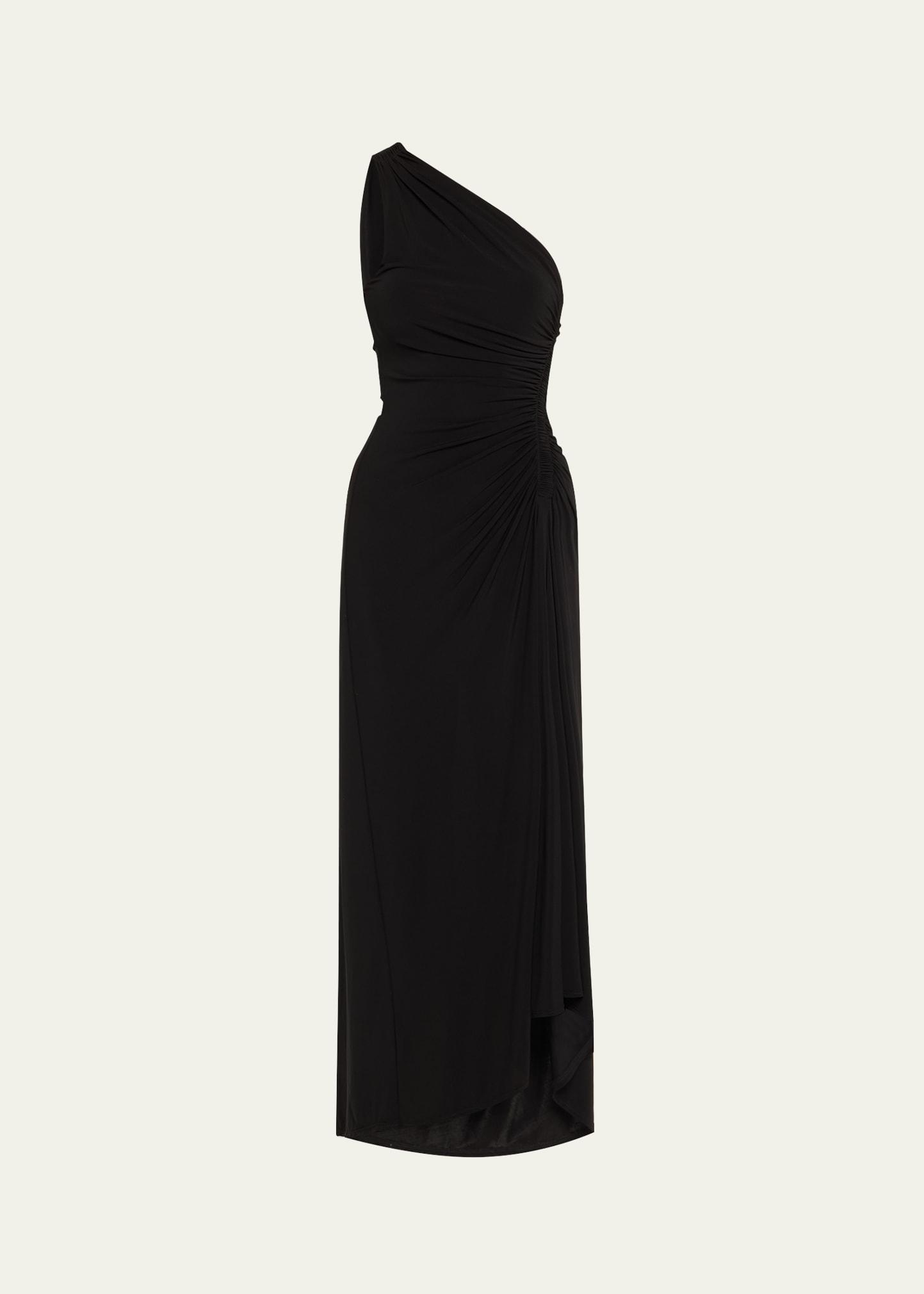 caroline sleeveless one-shoulder ruched midi dress