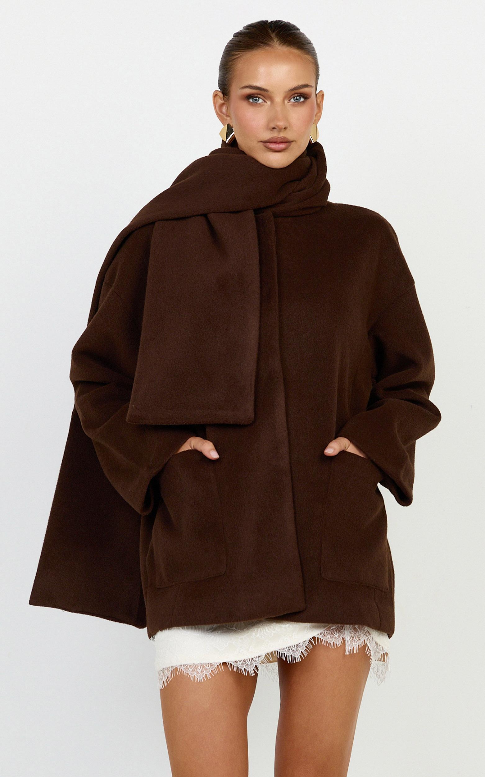 carys coat - oversized long sleeve coat with neck scarf in chocolate