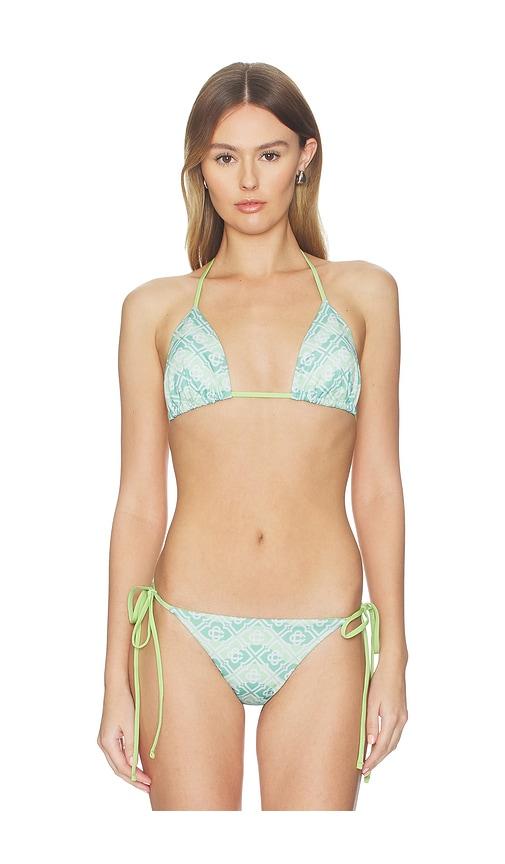 casablanca wavy monogram triangle bikini top in green.