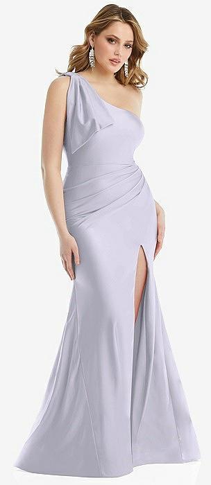 cascading bow one-shoulder stretch satin mermaid dress with slight train