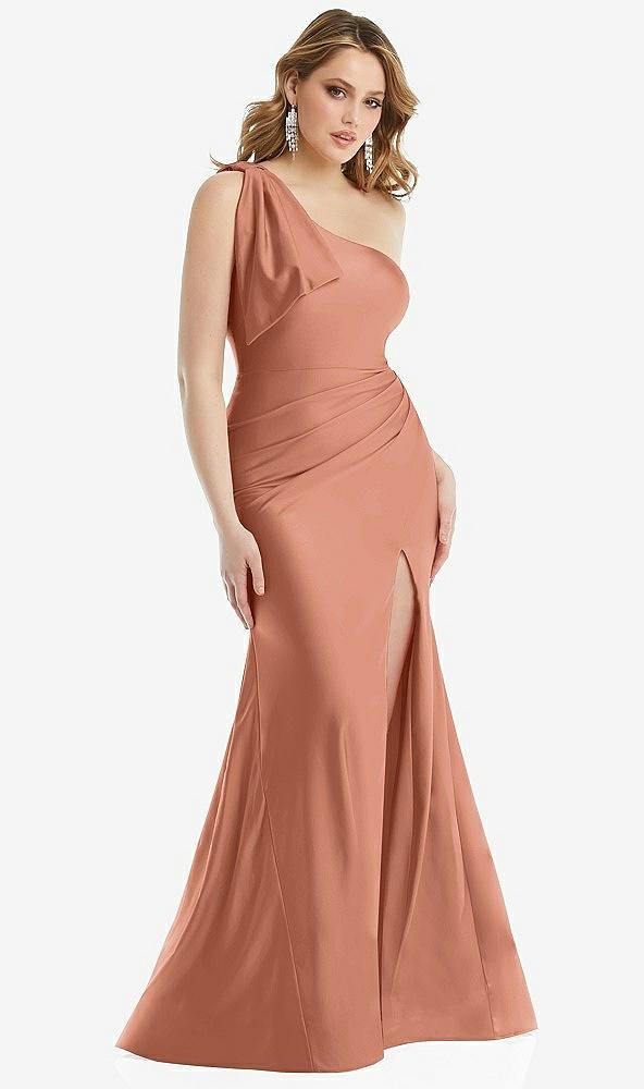 cascading bow one-shoulder stretch satin mermaid dress with slight train