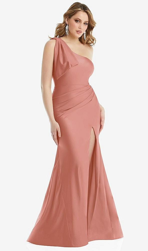 cascading bow one-shoulder stretch satin mermaid dress with slight train