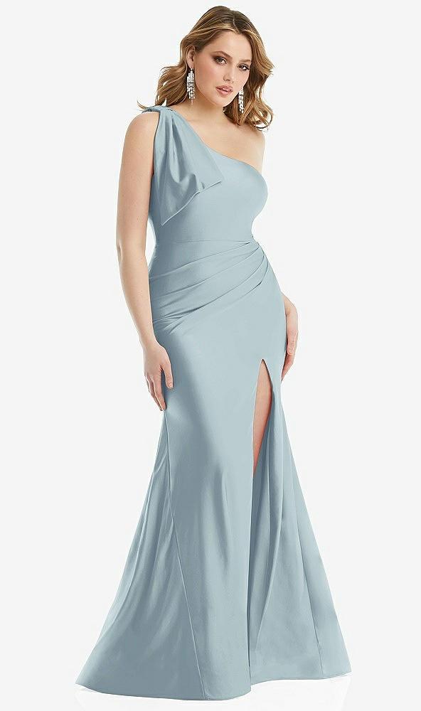 cascading bow one-shoulder stretch satin mermaid dress with slight train