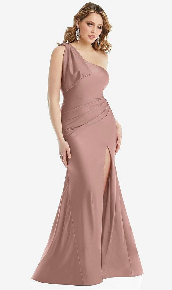 cascading bow one-shoulder stretch satin mermaid dress with slight train