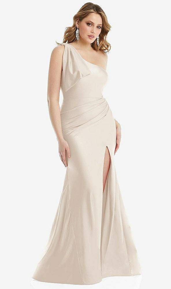 cascading bow one-shoulder stretch satin mermaid dress with slight train