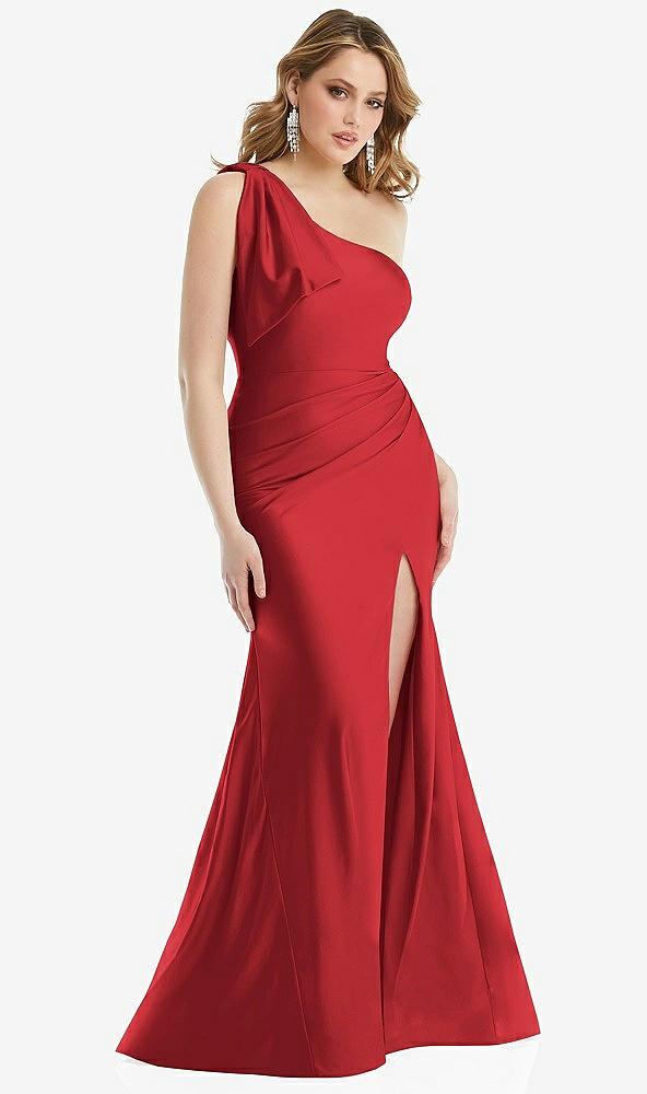 cascading bow one-shoulder stretch satin mermaid dress with slight train