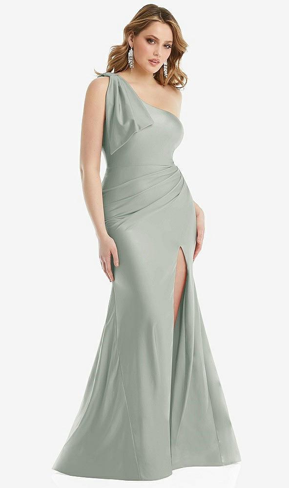 cascading bow one-shoulder stretch satin mermaid dress with slight train