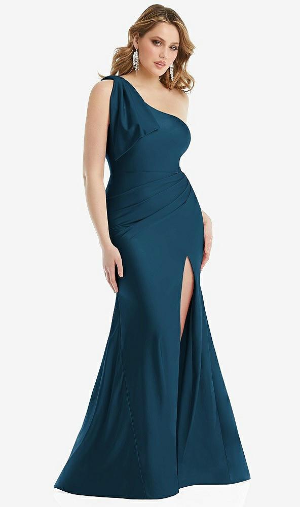 cascading bow one-shoulder stretch satin mermaid dress with slight train