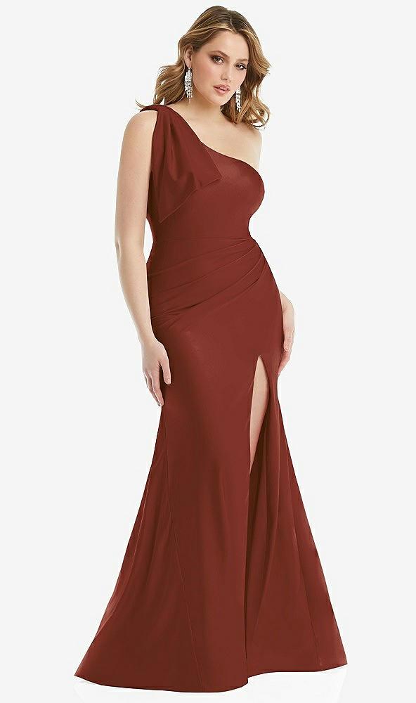 cascading bow one-shoulder stretch satin mermaid dress with slight train