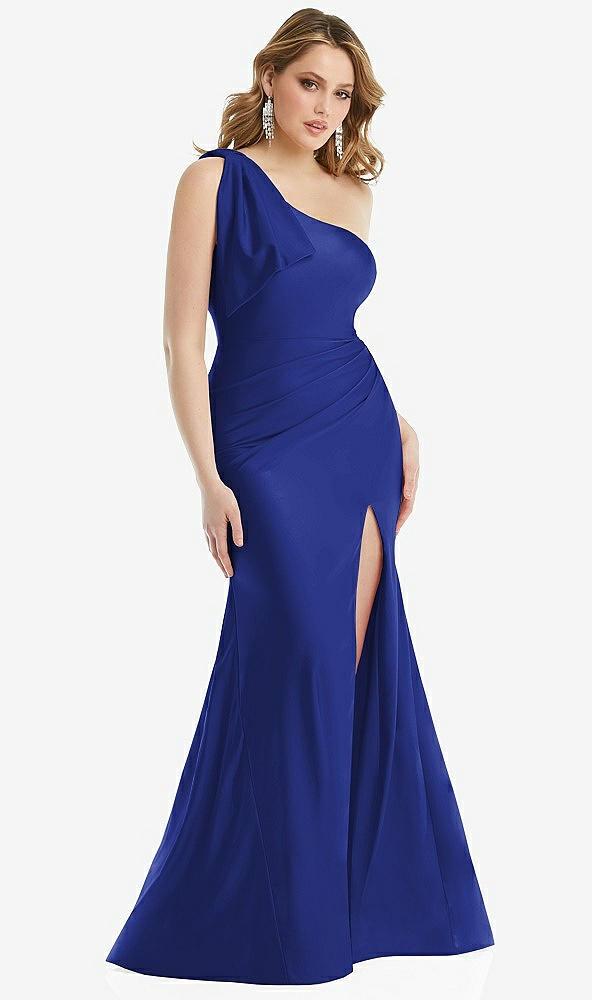 cascading bow one-shoulder stretch satin mermaid dress with slight train