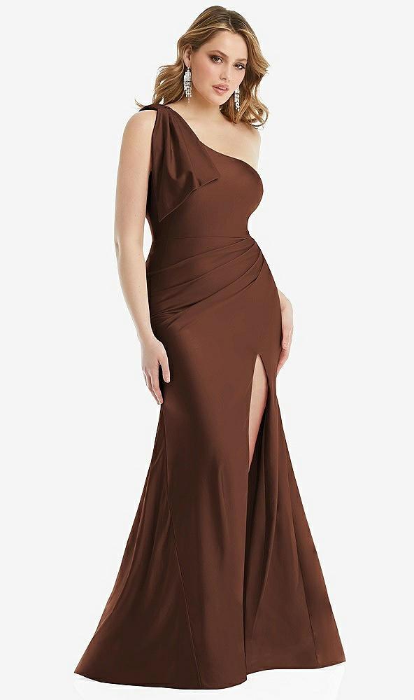 cascading bow one-shoulder stretch satin mermaid dress with slight train