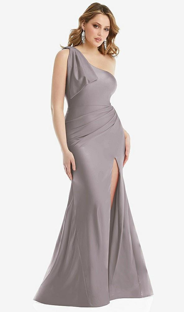 cascading bow one-shoulder stretch satin mermaid dress with slight train