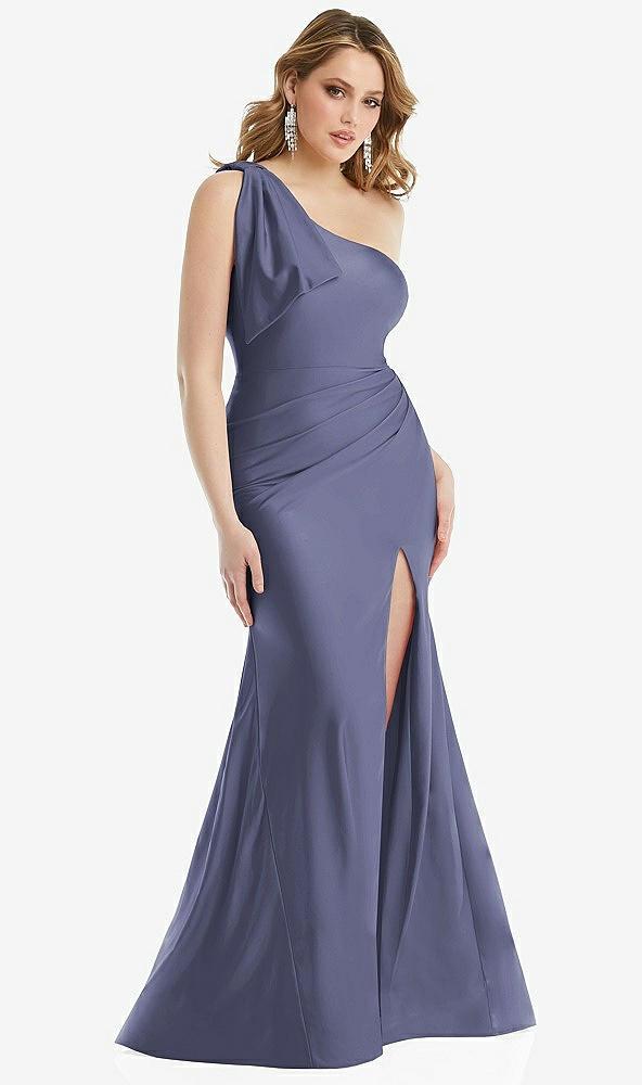 cascading bow one-shoulder stretch satin mermaid dress with slight train
