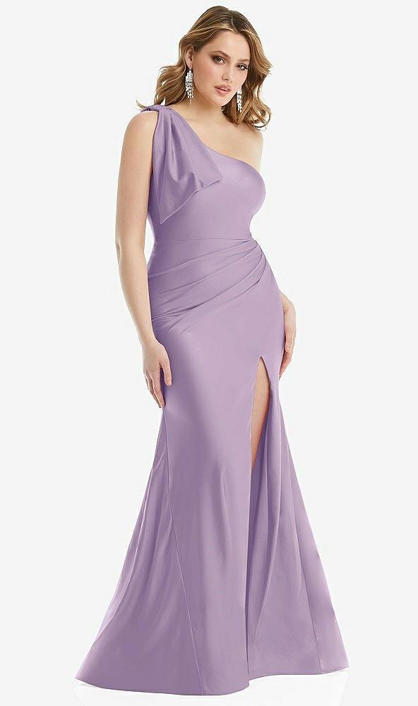 cascading bow one-shoulder stretch satin mermaid dress with slight train