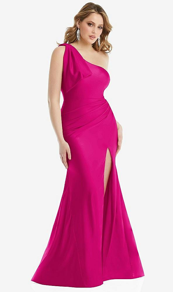 cascading bow one-shoulder stretch satin mermaid dress with slight train