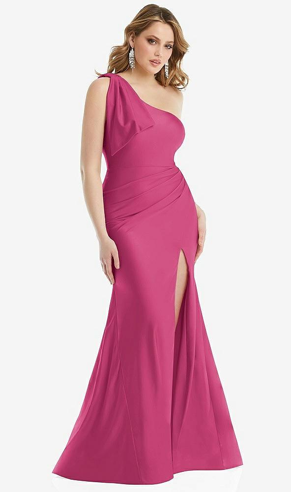 cascading bow one-shoulder stretch satin mermaid dress with slight train