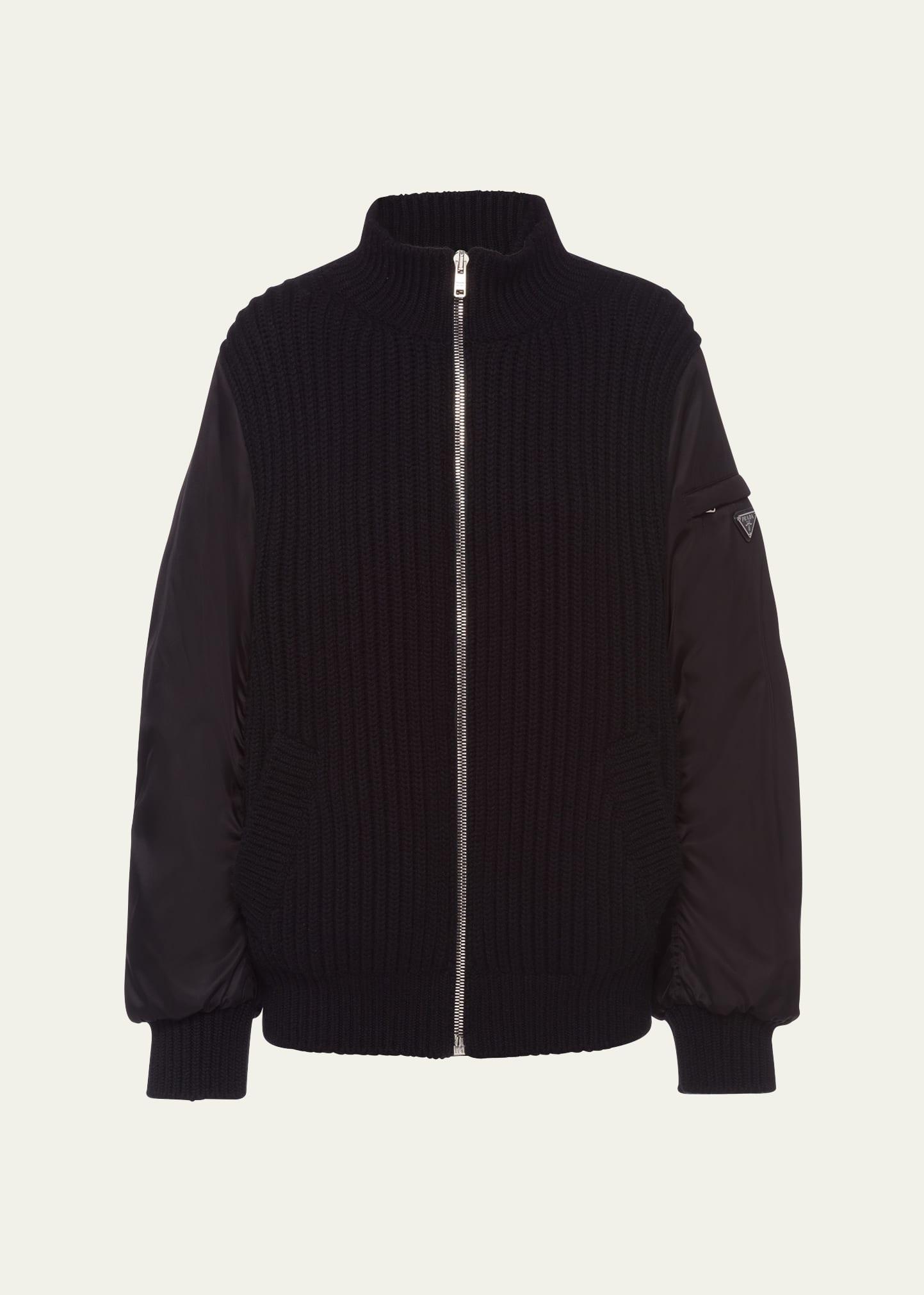 cashmere knit bomber jacket with nylon sleeves