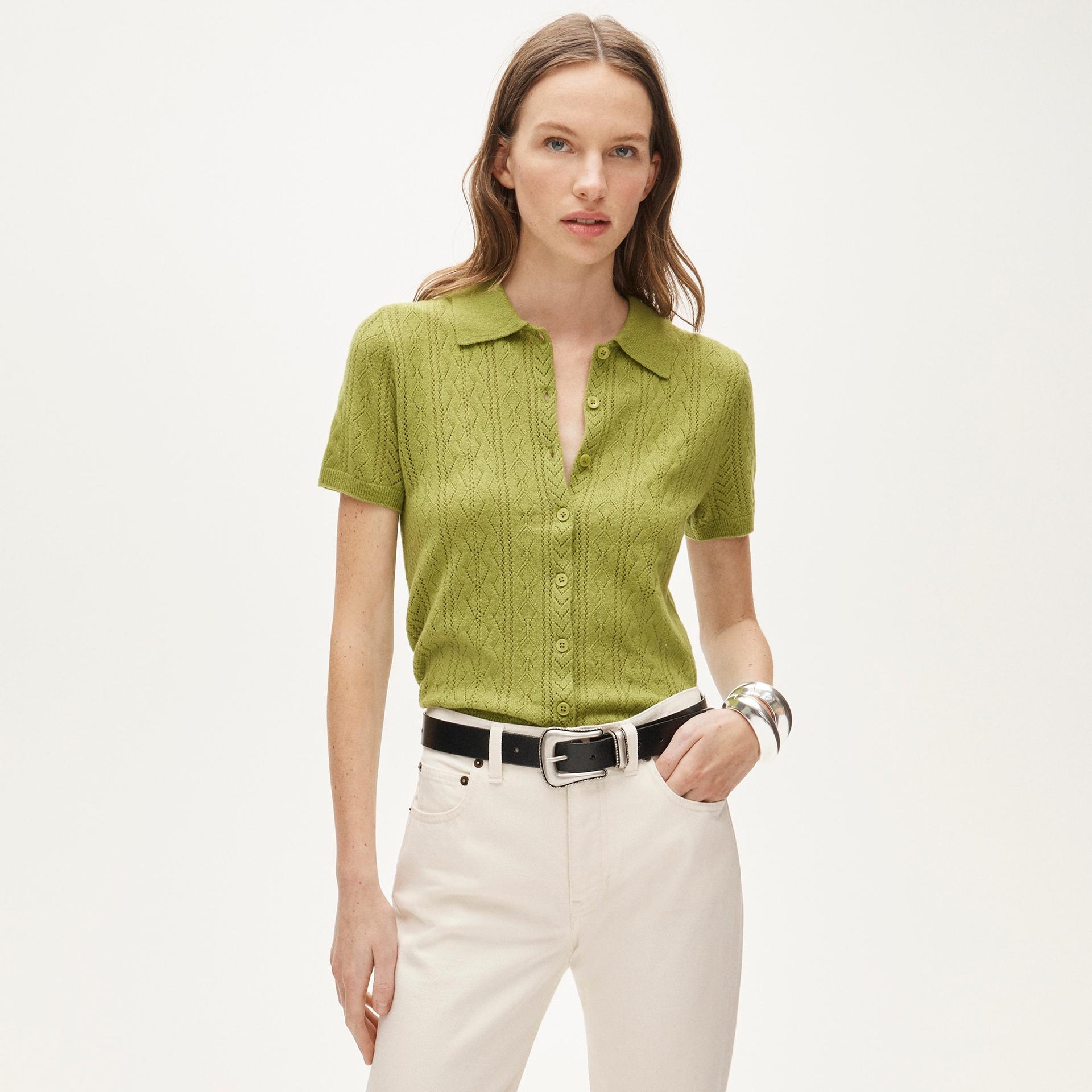 cashmere pointelle button-up short-sleeve cardigan