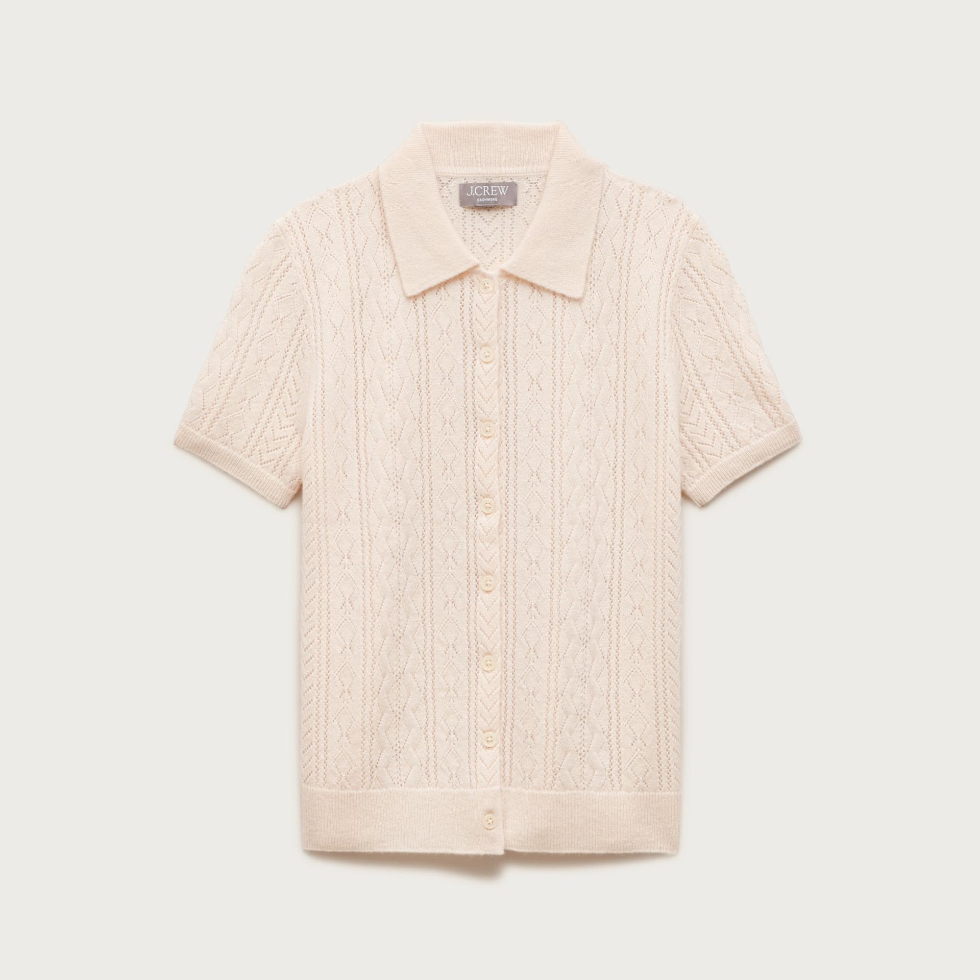 cashmere pointelle button-up short-sleeve cardigan
