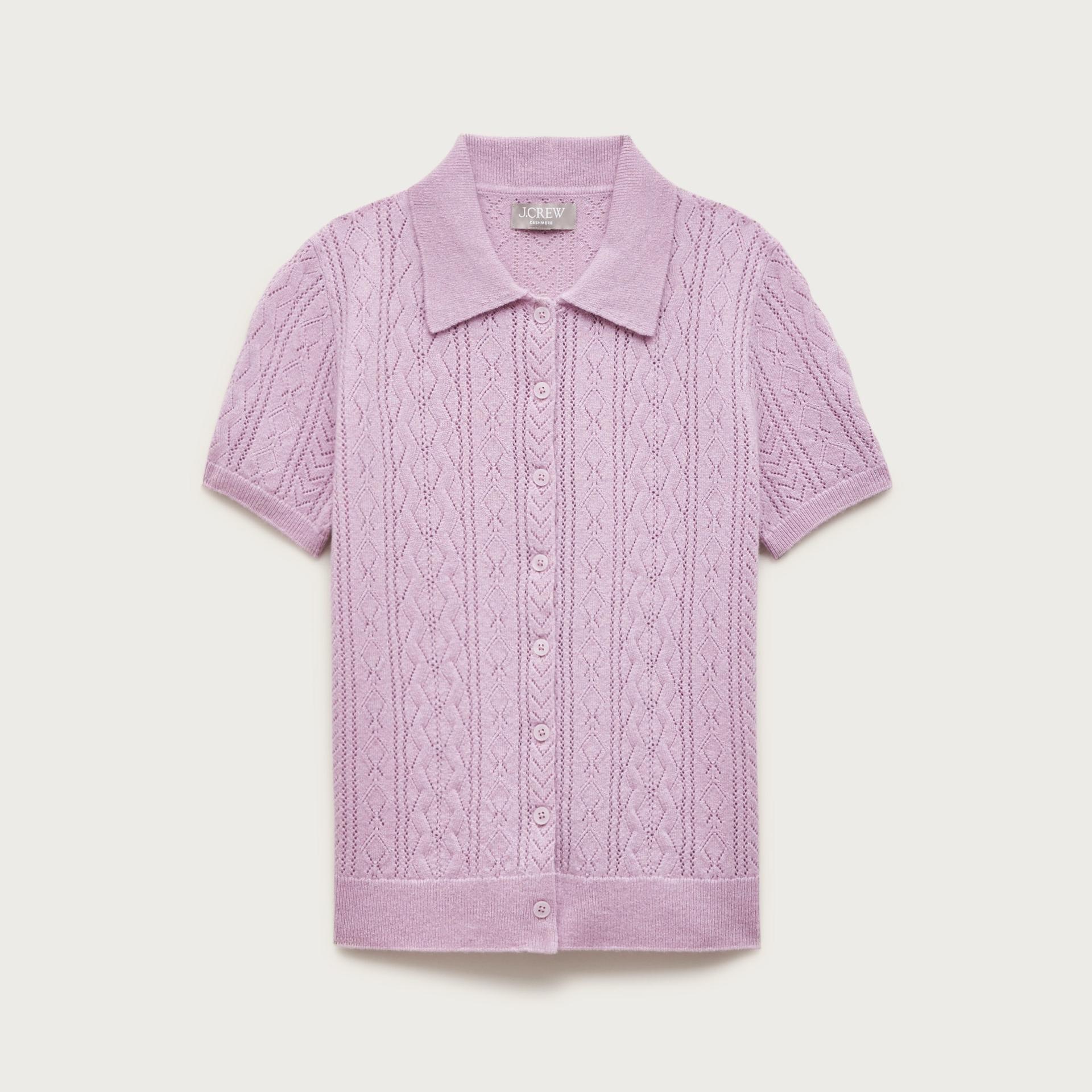 cashmere pointelle button-up short-sleeve cardigan