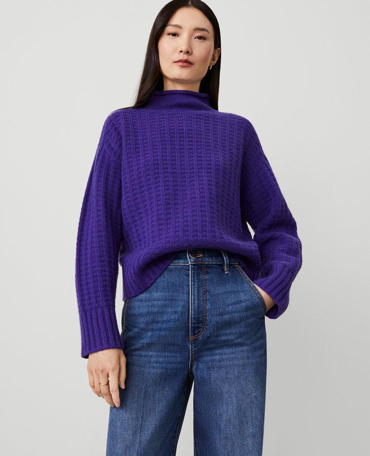 cashmere waffle stitch roll neck sweater