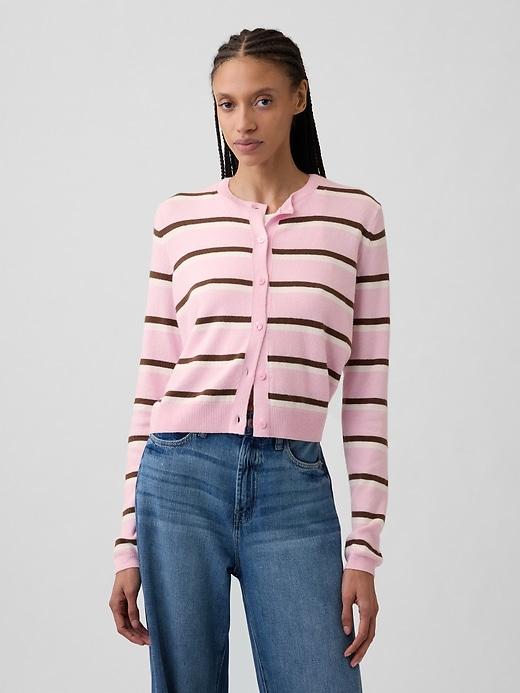 cashsoft stripe crewneck cardigan
