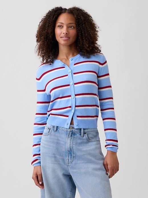 cashsoft stripe crewneck cardigan
