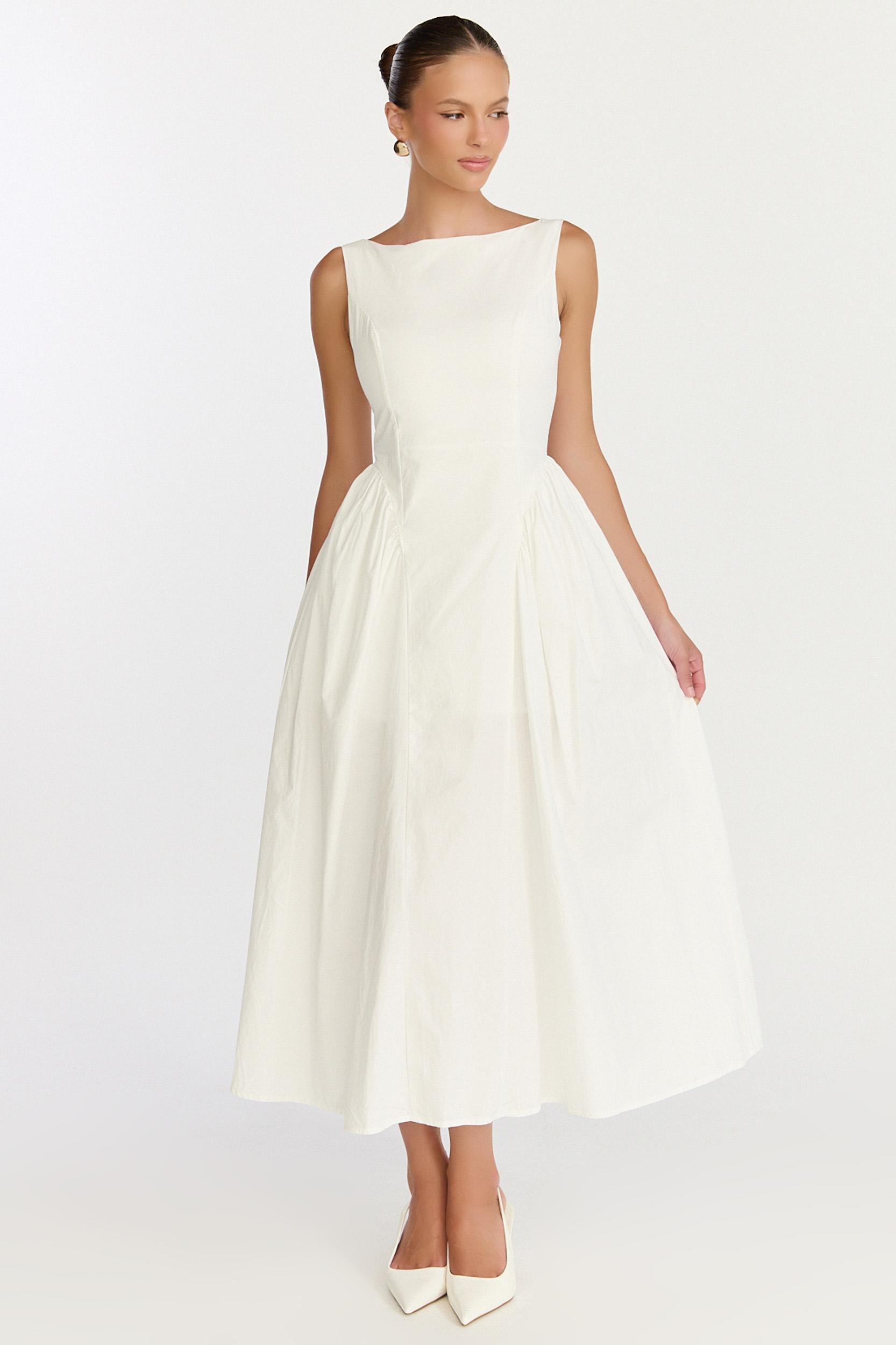 casina midi dress - boat neck tie back fit and flare dress in off white