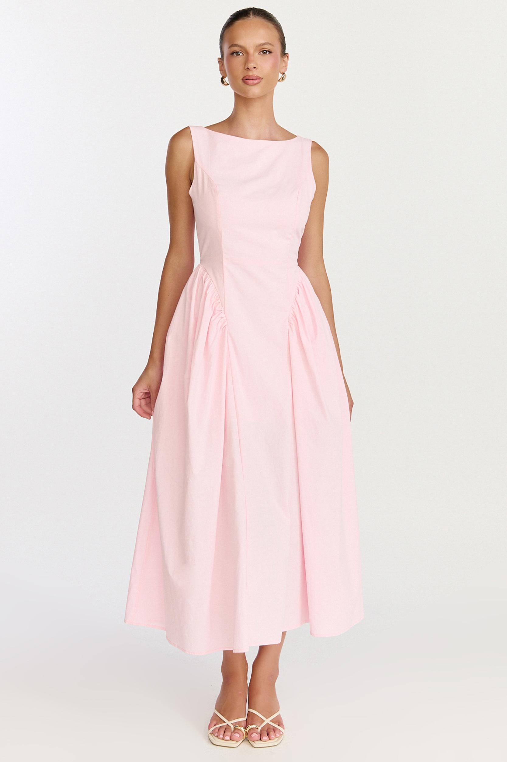 casina midi dress - boat neck tie back fit and flare dress in pale pink