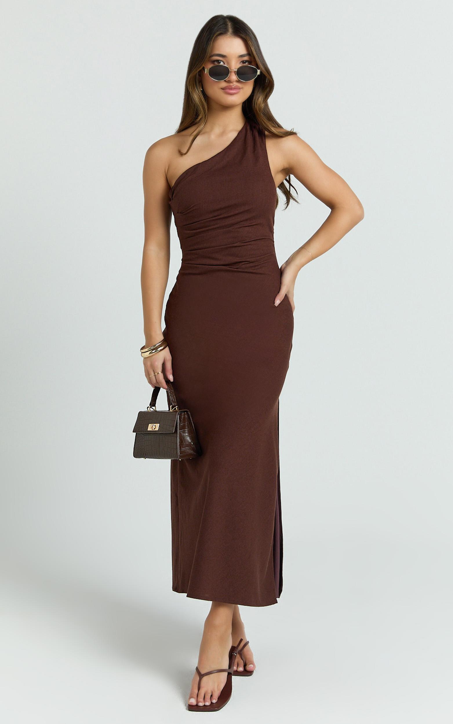 cassia midi dress - one shoulder a line dress in chocolate