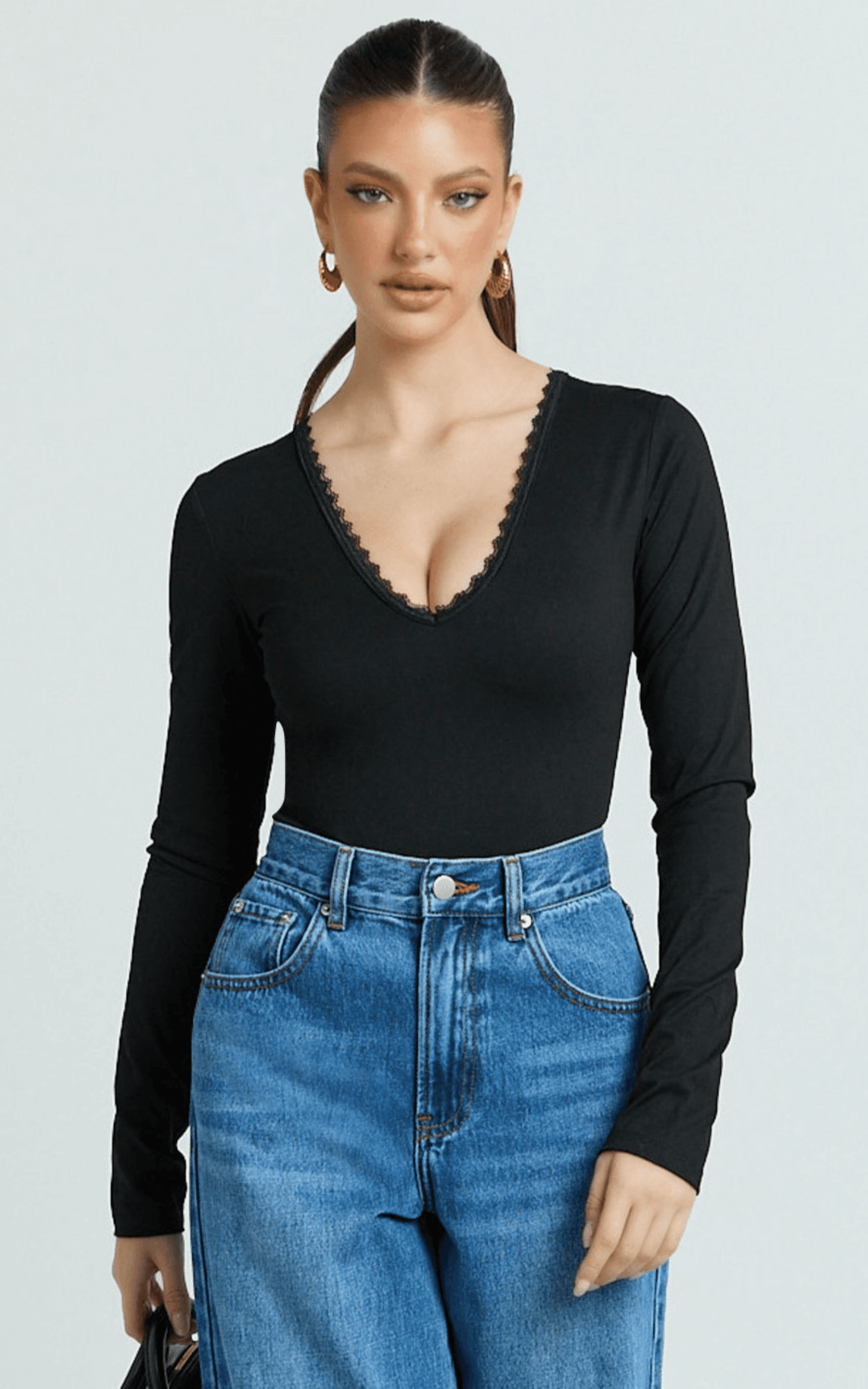 cassie bodysuit - lace neck detail long sleeve bodysuit in black