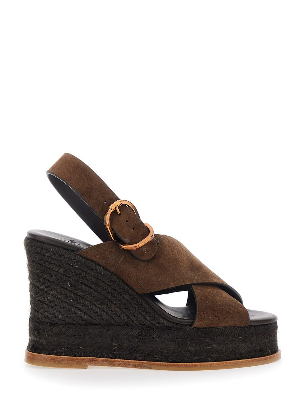 castañer bettina brown wedges with adjustable strap and logo on the insole in leather woman