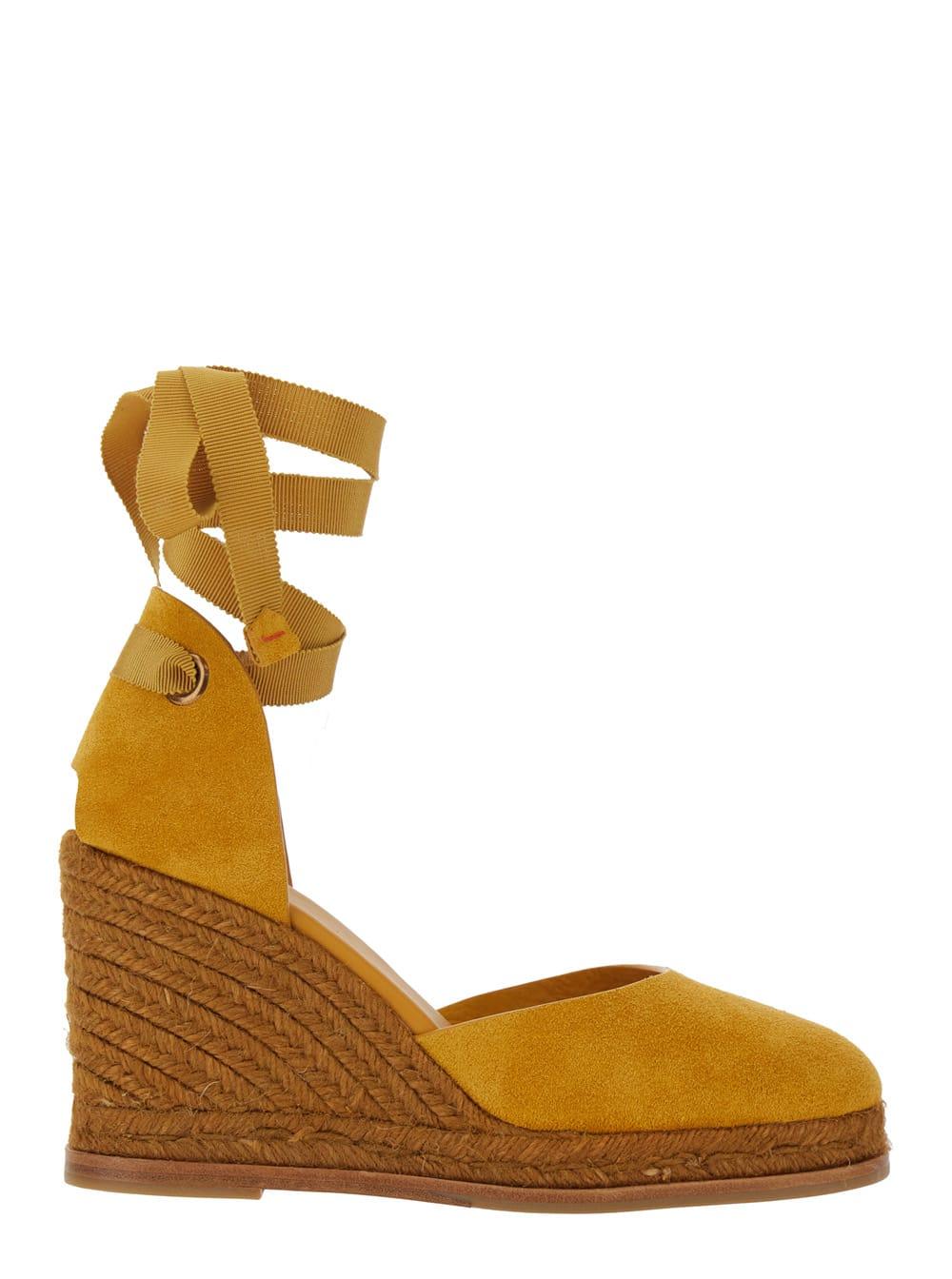 castañer camilla yellow wedges with ankle strap in suede woman