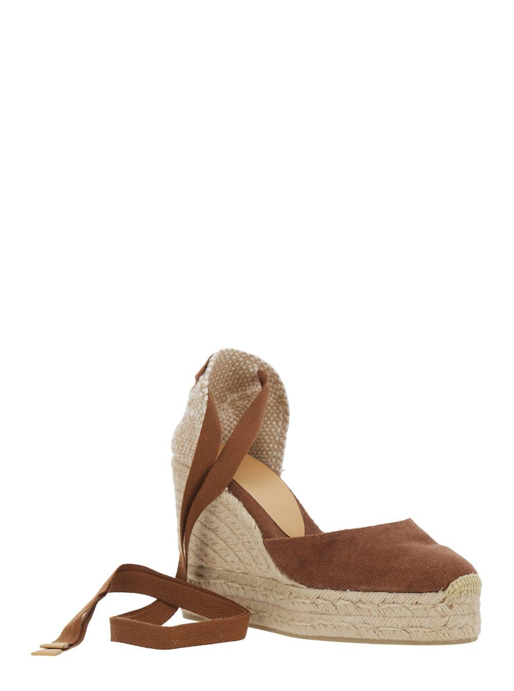 castañer carina brown wedges with high wedge heel and ankle strap closure in fabric woman