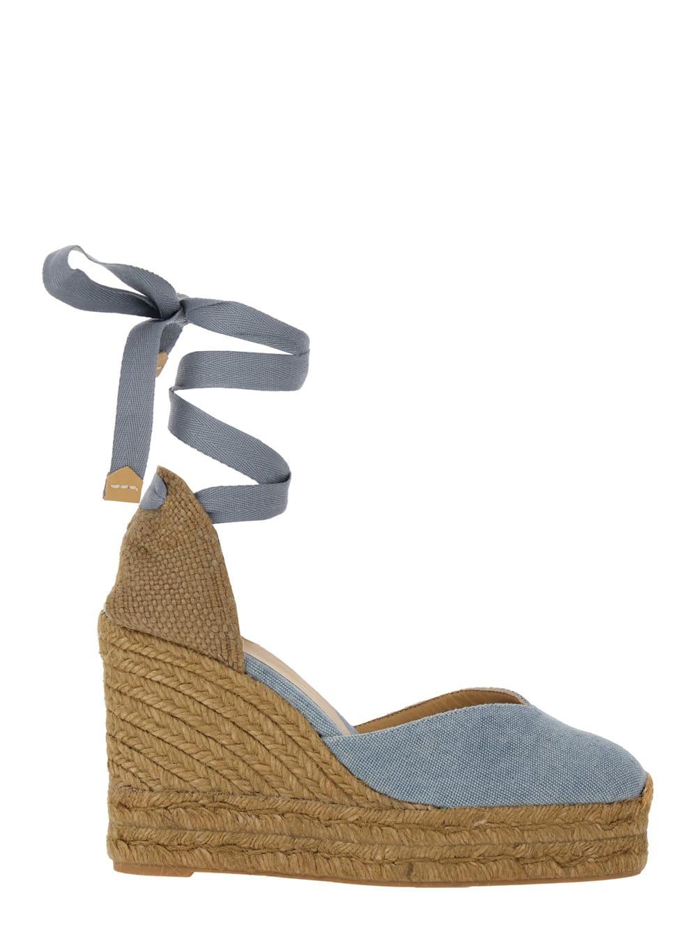 castañer chiara blue wedges with almond toe and ankle strap closure in fabric woman