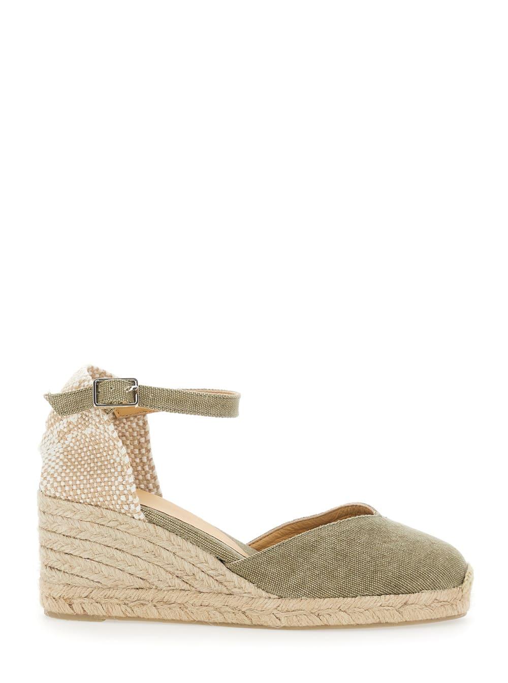 castañer chiarita green wedges with almond toe and ankle strap closure in fabric woman