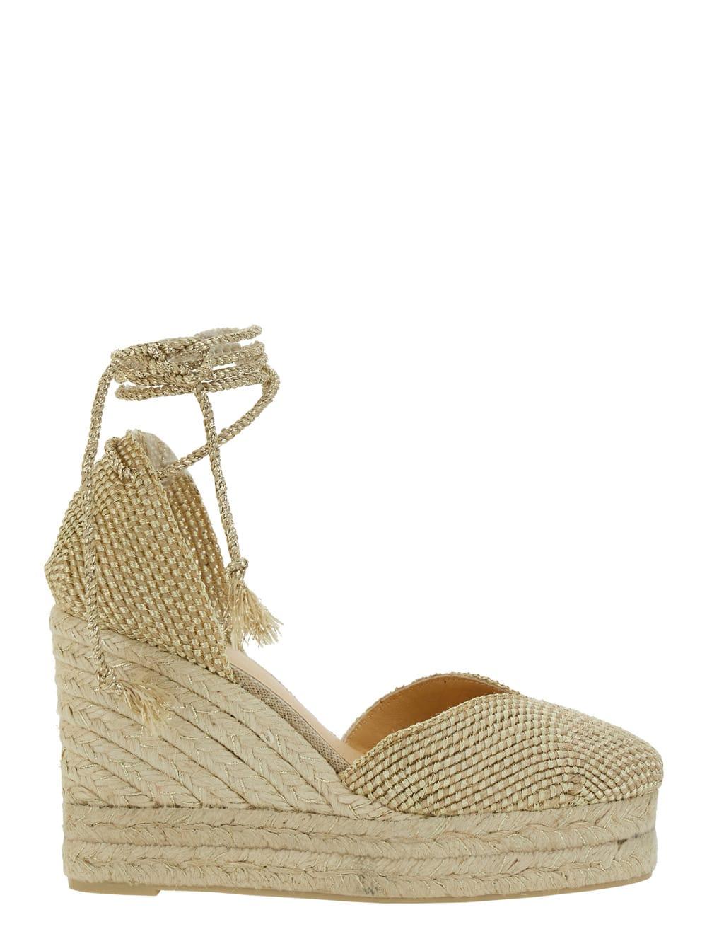 castañer cora beige wedges with lace-up closure in fabric woman