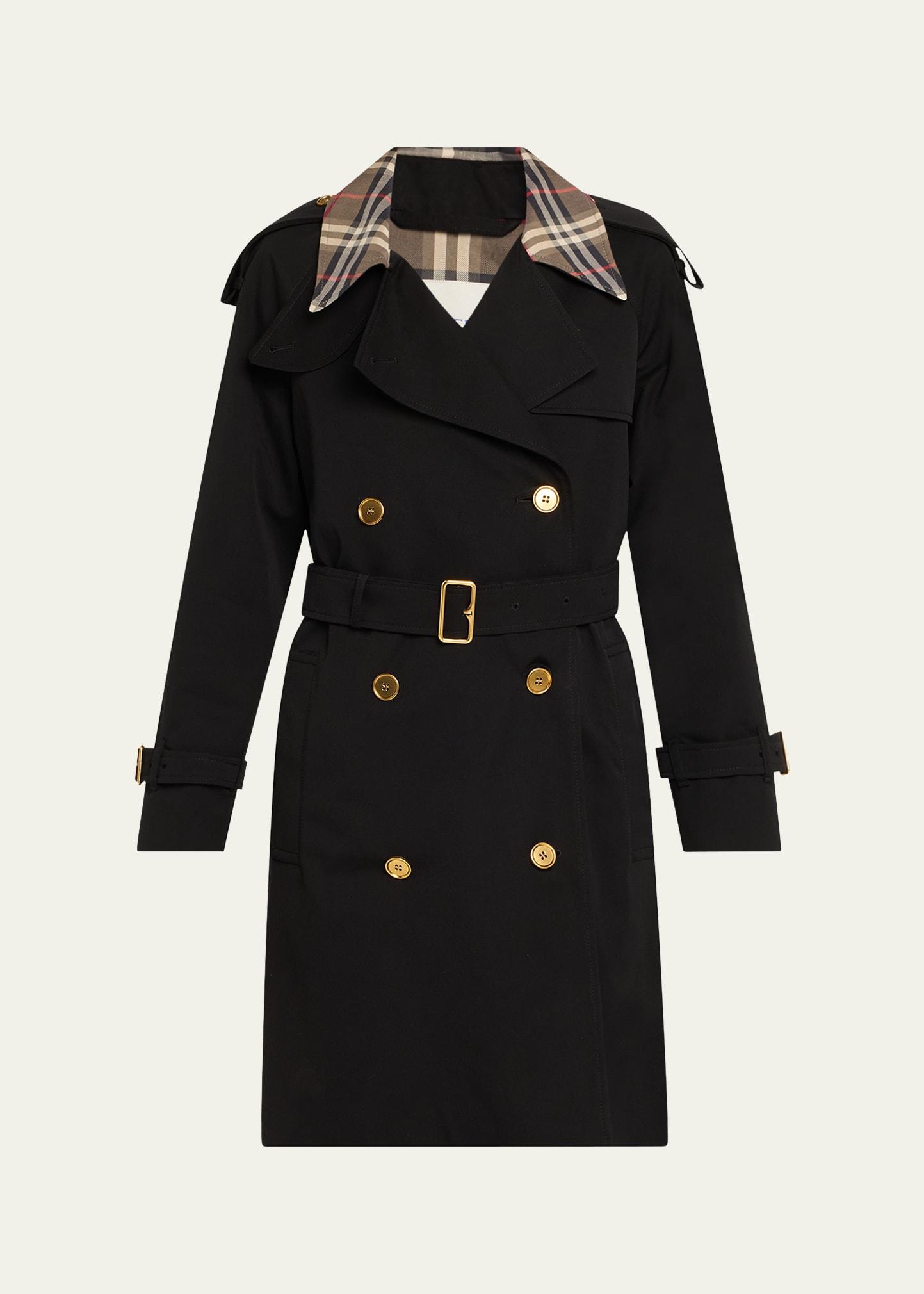 castleford check-collar belted short trench coat