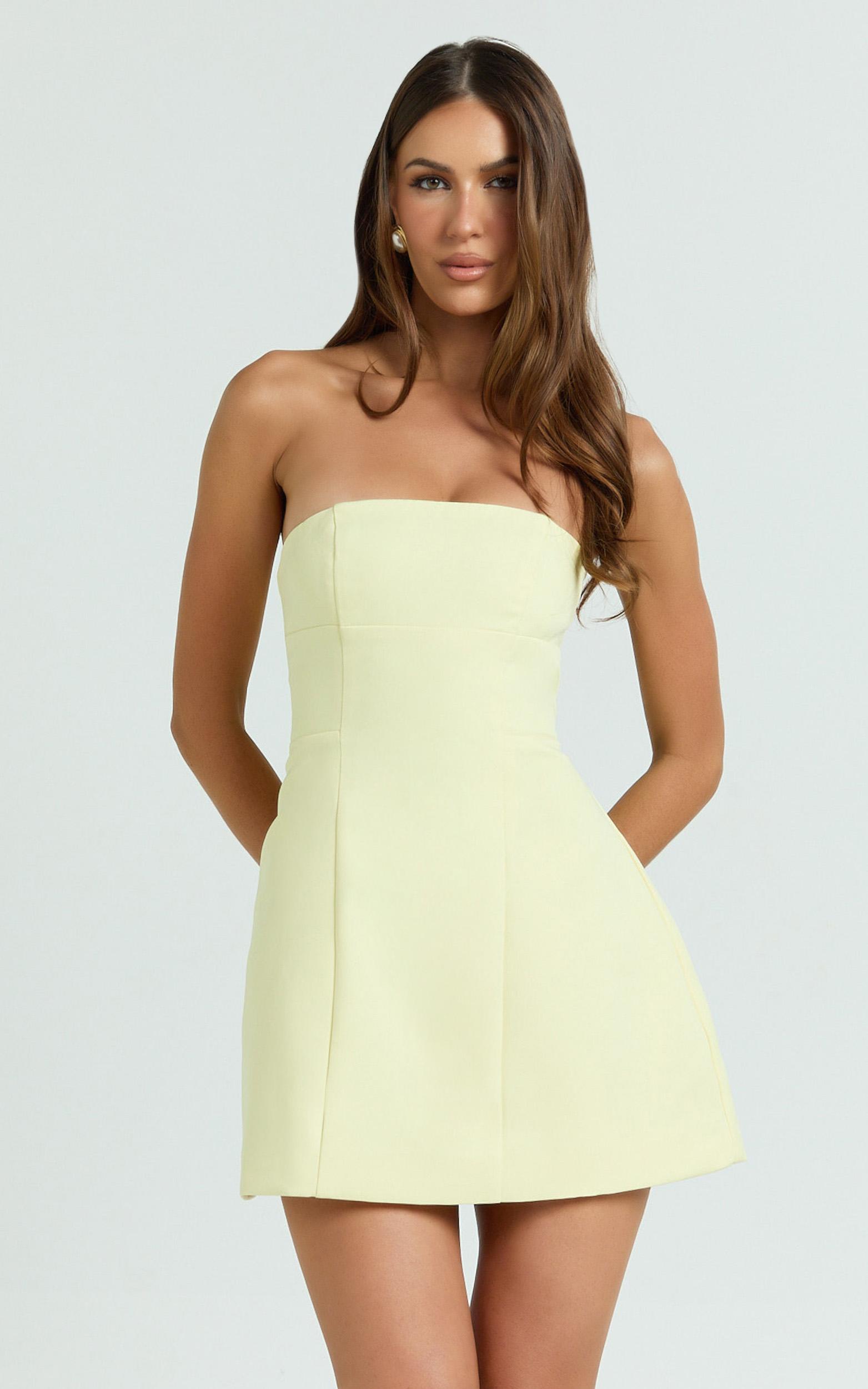 catharine mini dress - strapless a line dress in lemon