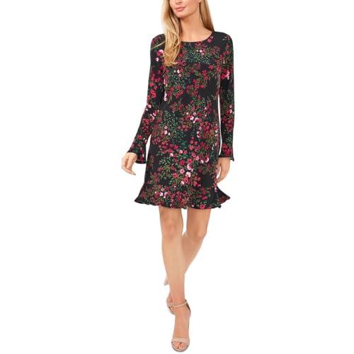 cece long sleeve v-neck floral ruffled knit dress rich black sm