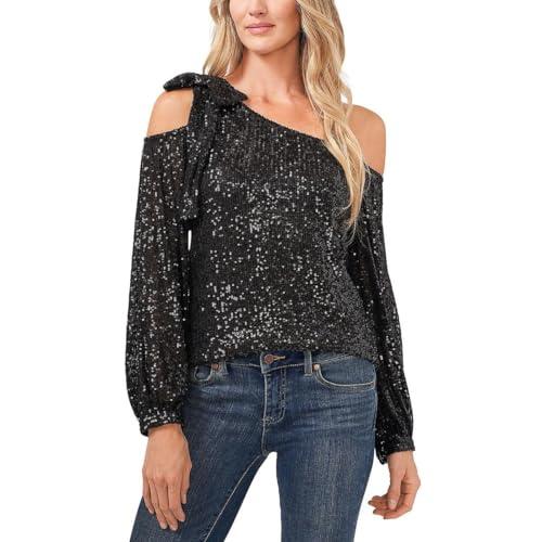 cece sequin one shoulder top rich black lg