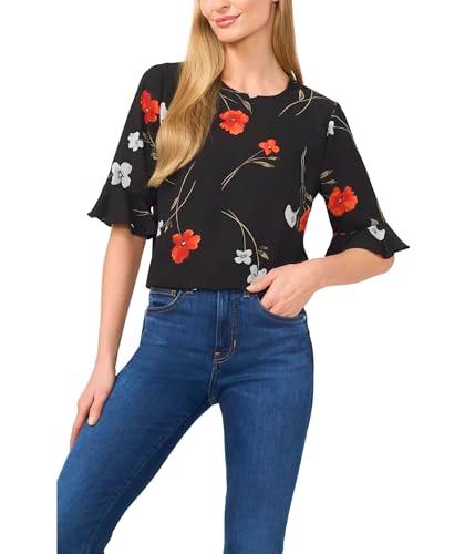 cece women's 3/4 sleeve ruffle cuff crew neck top, rich black